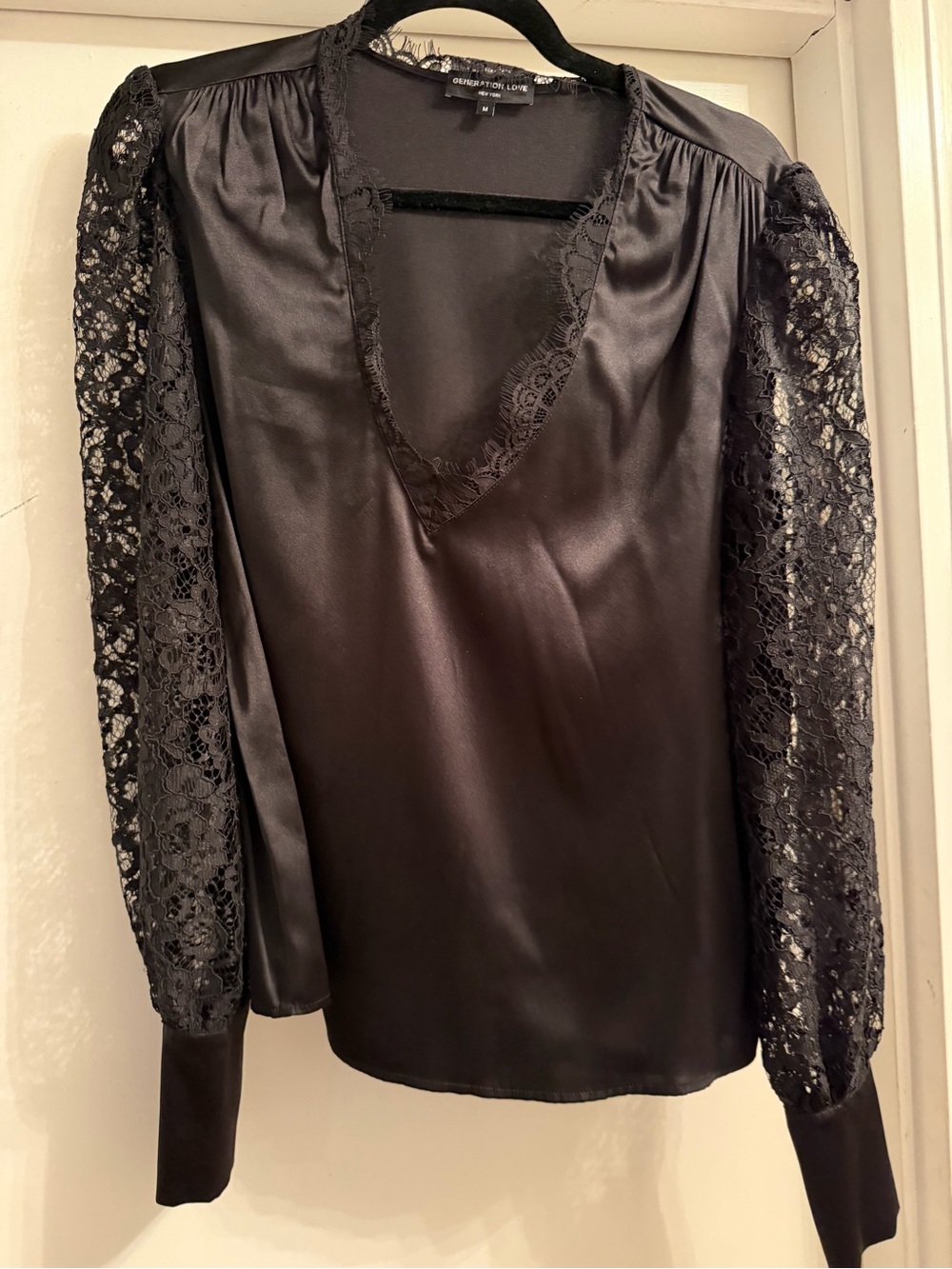 Generation Love Black Satin V-Neck Blouse with Lace Sleeves
